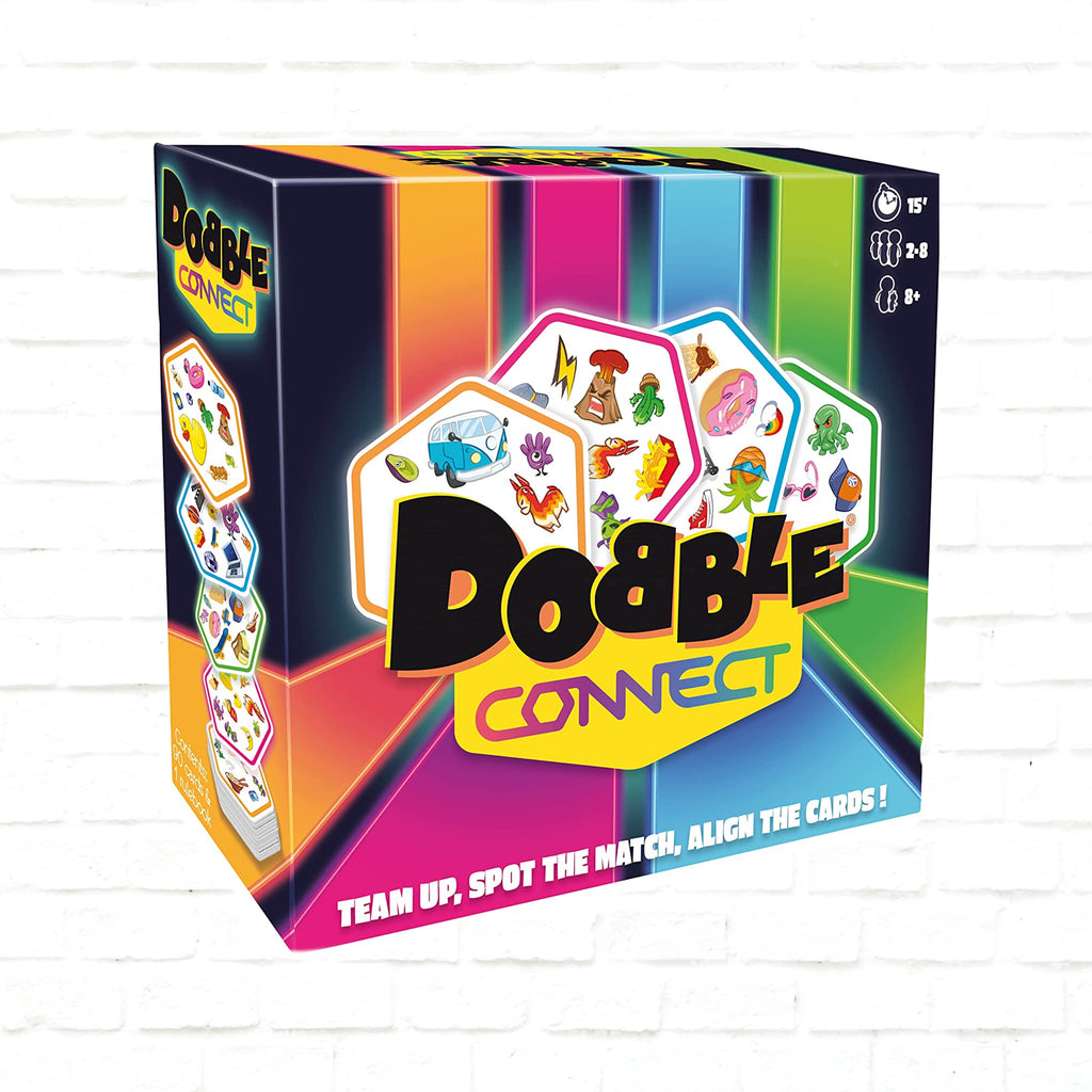 Asmodee Dobble Connect English edition 3d cover of card game for 2 to 8 players ages 8 and up 15 minutes playing time