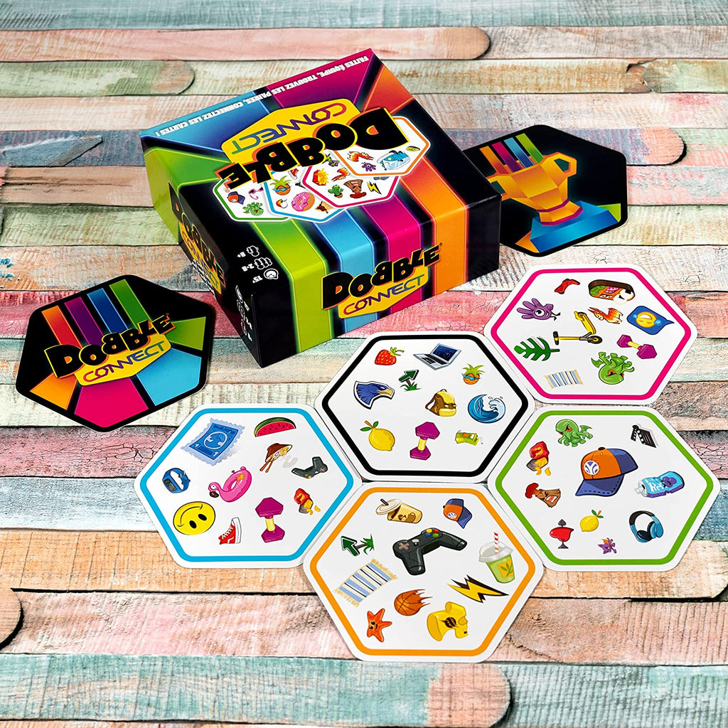 Zygomatic Dobble connect card game contents displayed on colorful table
