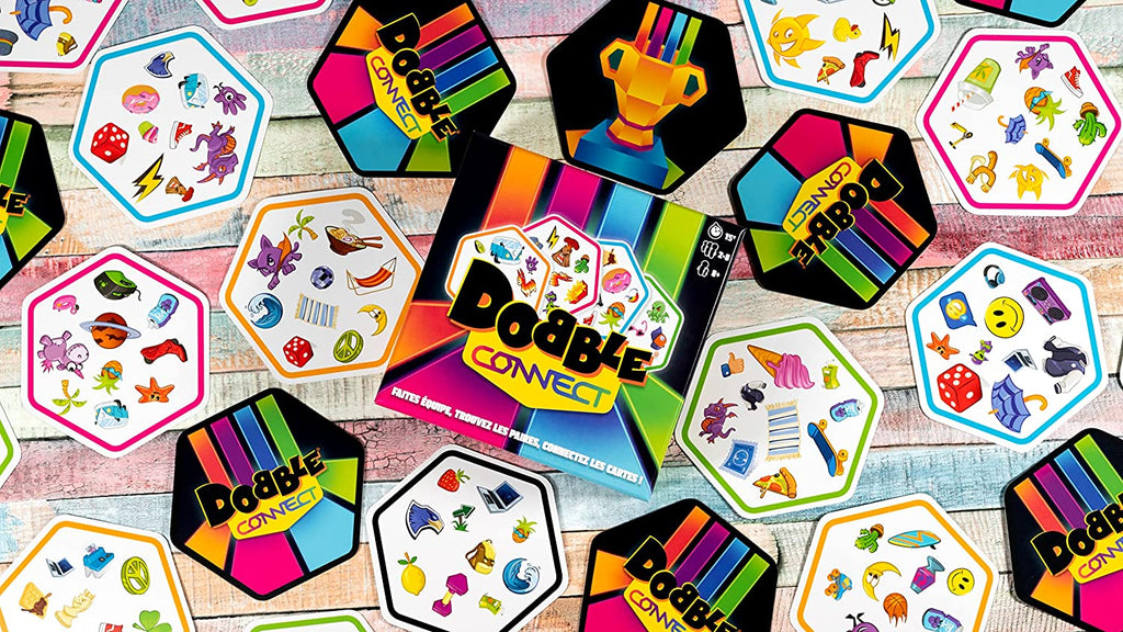 Zygomatic Dobble connect card game top down shot of cards and box