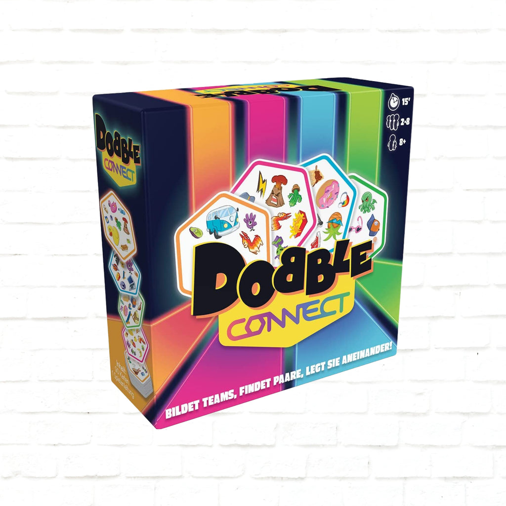 Asmodee Dobble Connect englische Ausgabe 3D-Cover des Kartenspiels für 2 bis 8 Spieler ab 8 Jahren 15 Minuten Spielzeit