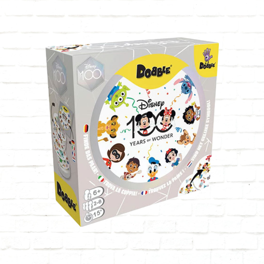 Asmodee Dobble Disney 100th Anniversary deutsch-französisch-italienisch-niederländische Ausgabe 3D-Cover des Kartenspiels für 2 bis 8 Spieler ab 6 Jahren 15 Minuten Spielzeit