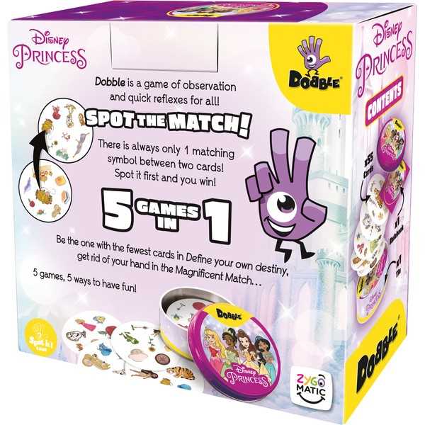 Asmodee Dobble Disney Princess English edition 3d back of the box with descriptions 