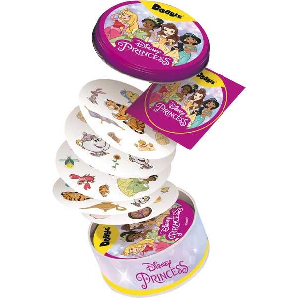 Asmodee Dobble Disney Princess English edition cards flying from tin box
