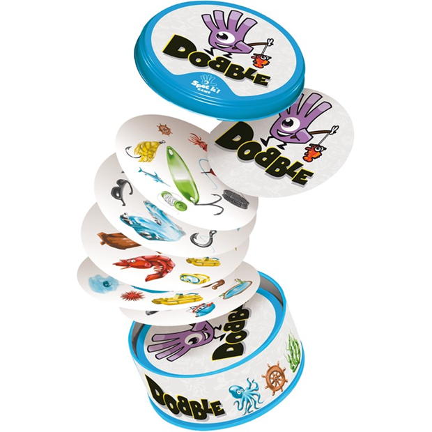 Asmodee Dobble Fishing card game cards flying out of tin box