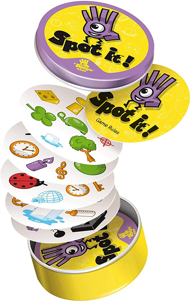 Zygomatic Dobble GOSH card game cards flying from tin box
