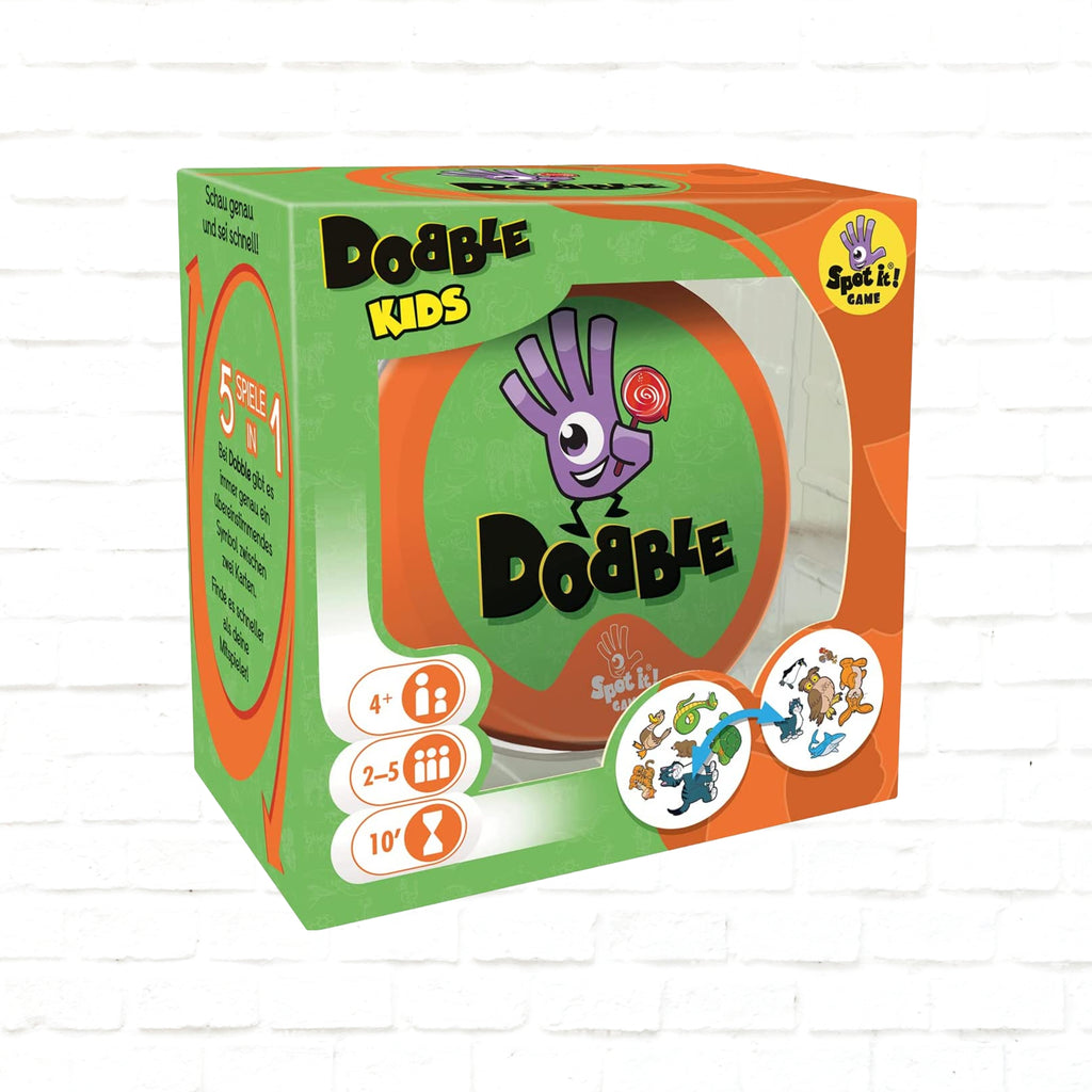 Asmodee Dobble Kids deutsche Ausgabe 3D-Cover des Kartenspiels für 2 bis 5 Spieler ab 4 Jahren 10 Minuten Spielzeit