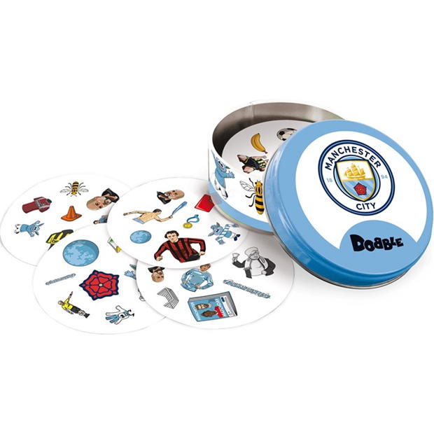 Asmodee Dobble Manchester City Football Club card game cards in front of tin box