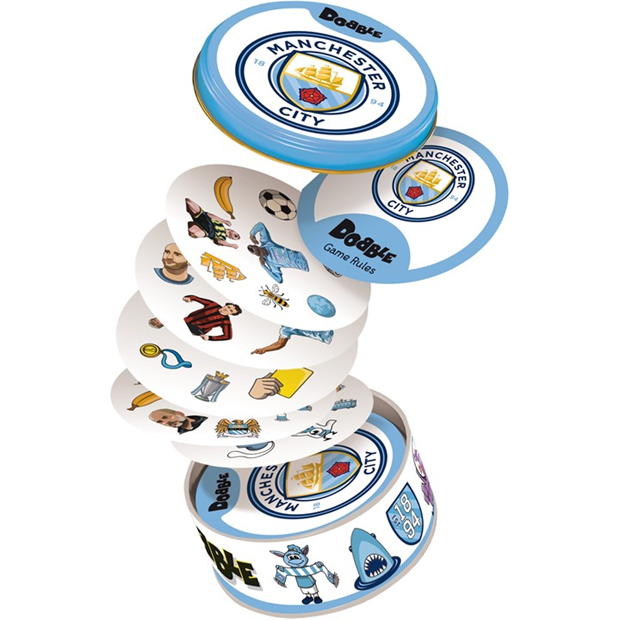 Asmodee Dobble Manchester City Football Club card game cards flying out of tin box
