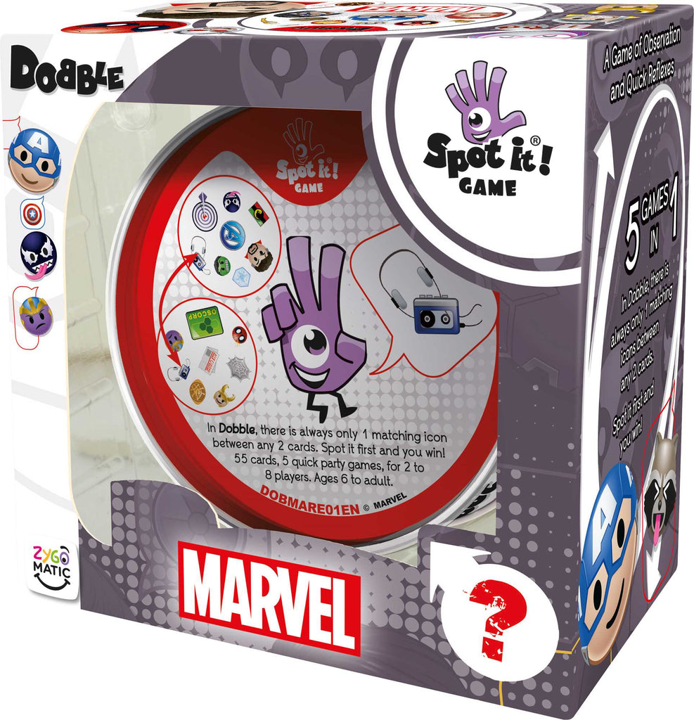 Zygomatic Dobble Marvel Emoji card game box back with description