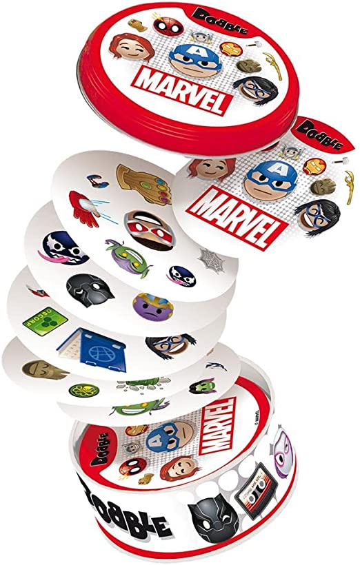 Zygomatic Dobble Marvel Emoji card game cards flying out of tin box
