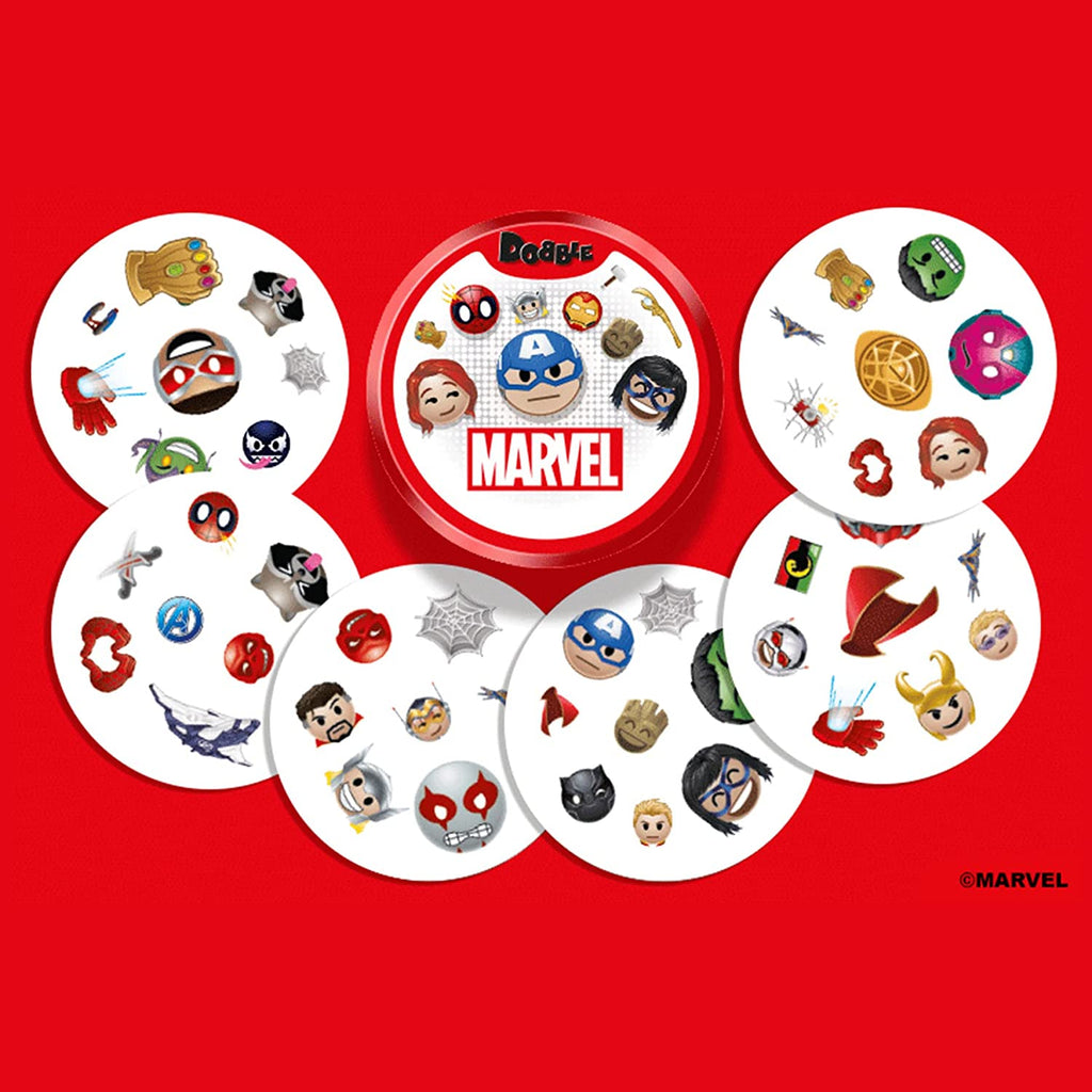 Zygomatic Dobble Marvel Emoji card game cards played in a smiley shape