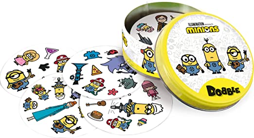 Zygomatic Dobble Minions card game cards laid out of tin box