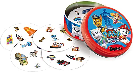 Zygomatic Dobble Paw Patrol card game cards laid out of tin box