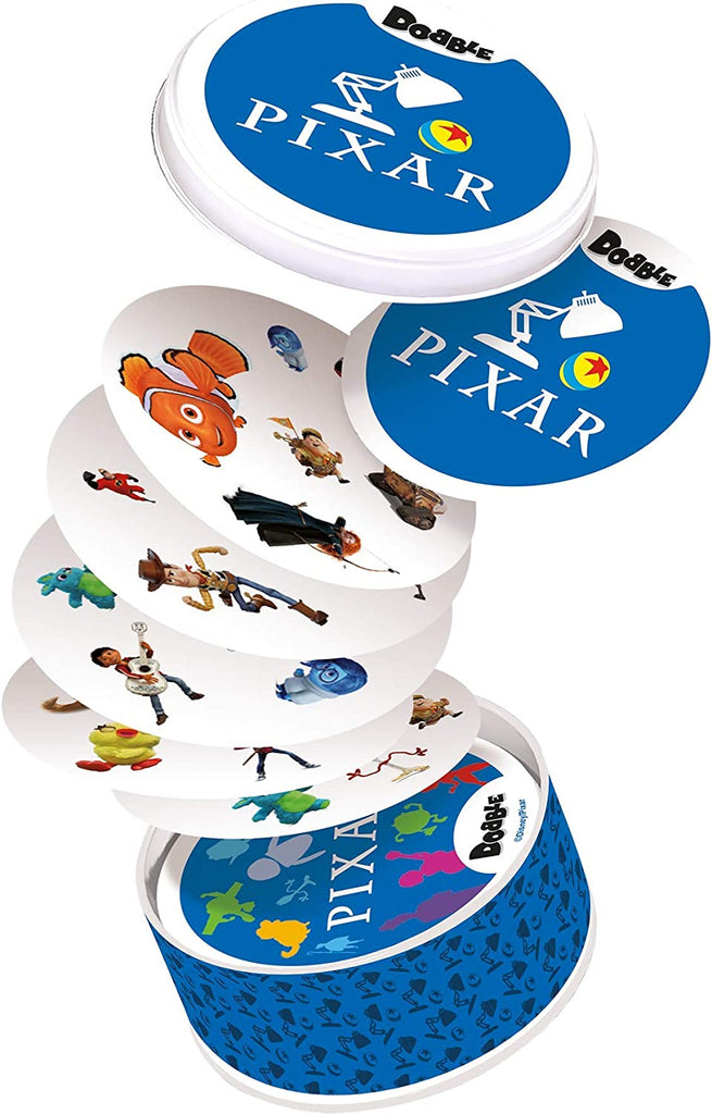 Zygomatic Dobble Pixar card game cards flying out of tin box