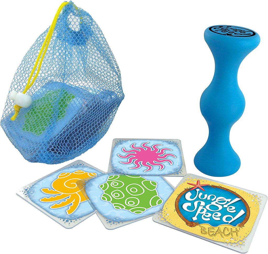 Asmodee Jungle Speed Beach card game contents with waterproof cards, totem and a bag